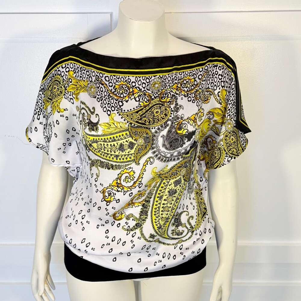 Cache Satin Scarf Blouse Women's L Paisley Animal Print Boat Neck Short Sleeve